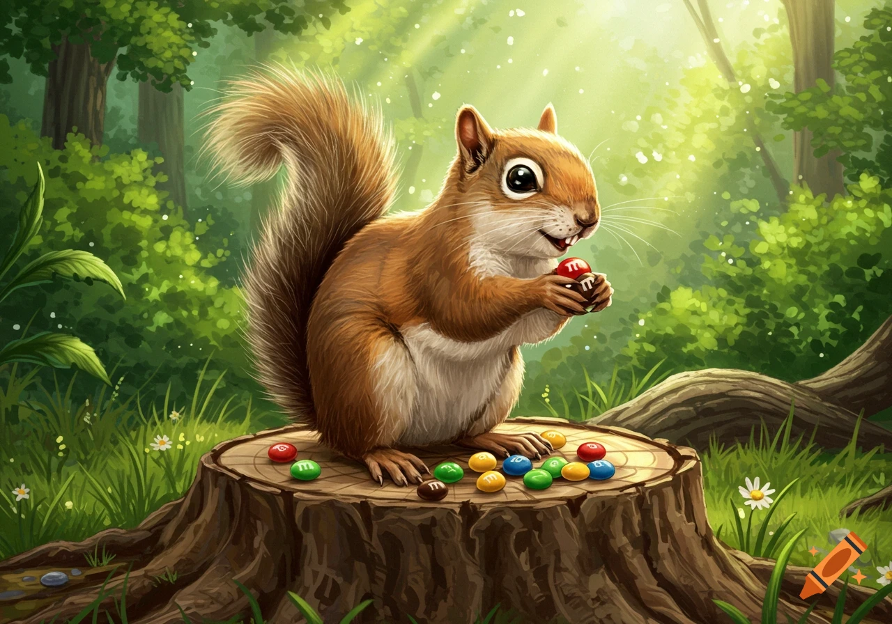 Cute cartoon squirrel sitting on a tree stump, holding an M&M, surrounded by colorful candies in a vibrant forest.