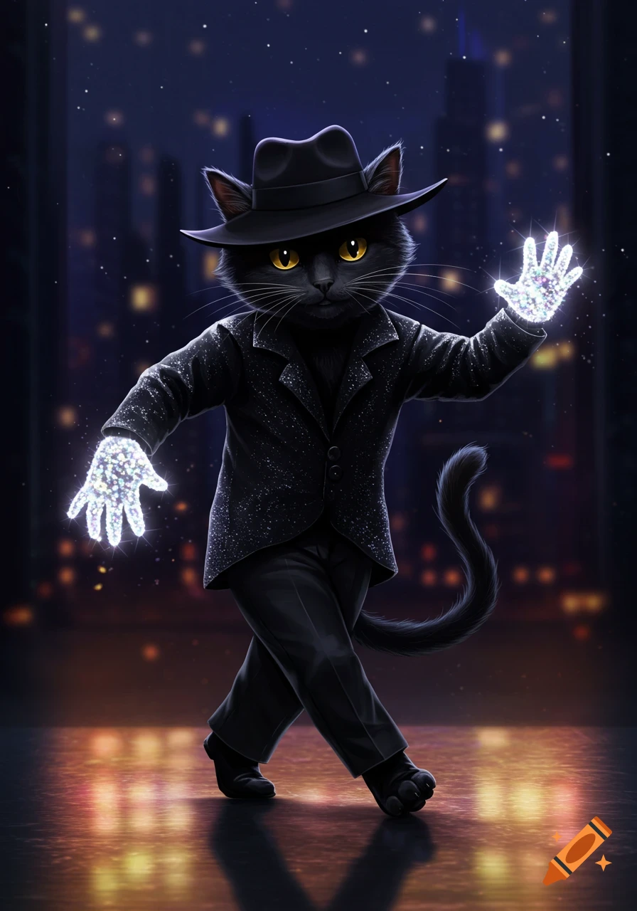A black cat in a fedora, sparkling suit, and gloves dances on a reflective stage against a blurred city night.