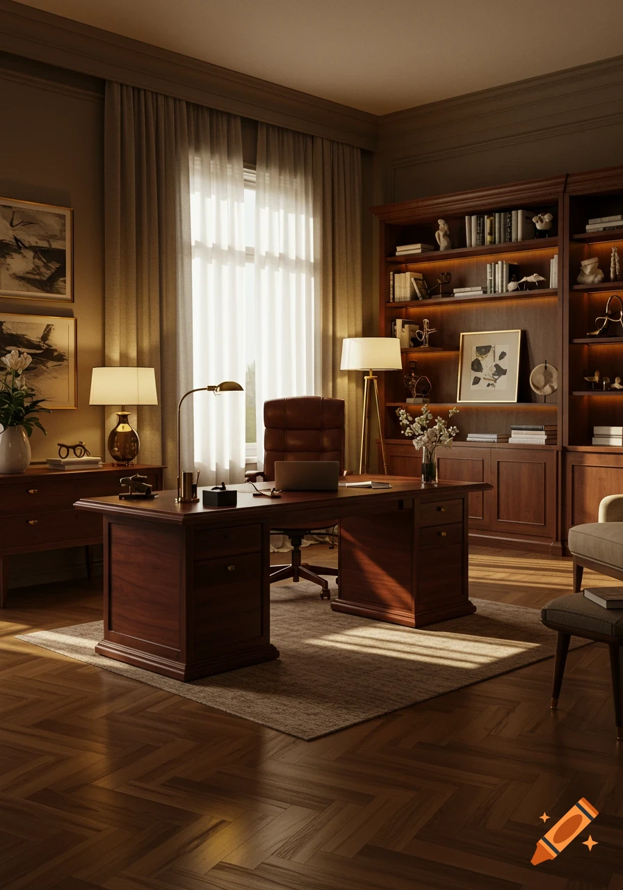 A photorealistic, luxurious home office with dark wood furniture, a large desk, a brown leather chair, bookshelves, and a bright window with sheer curtains.
