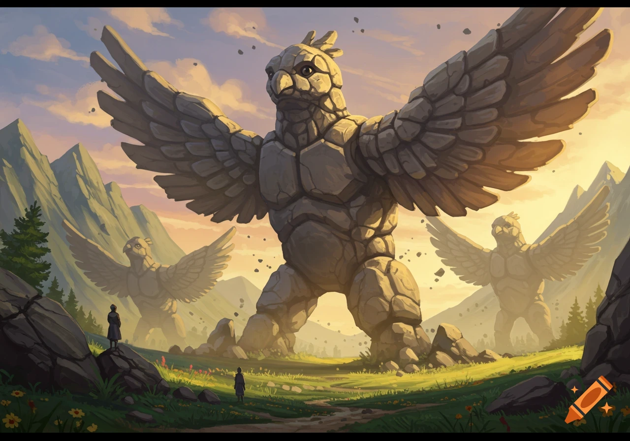 Two small figures observe three colossal winged rock golems in a vibrant mountain valley at sunset, digital painting.