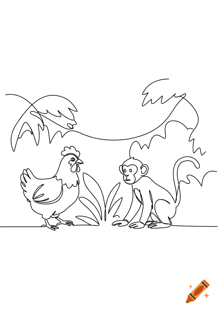 Continuous line drawing of a chicken facing a monkey, with jungle foliage in the background.