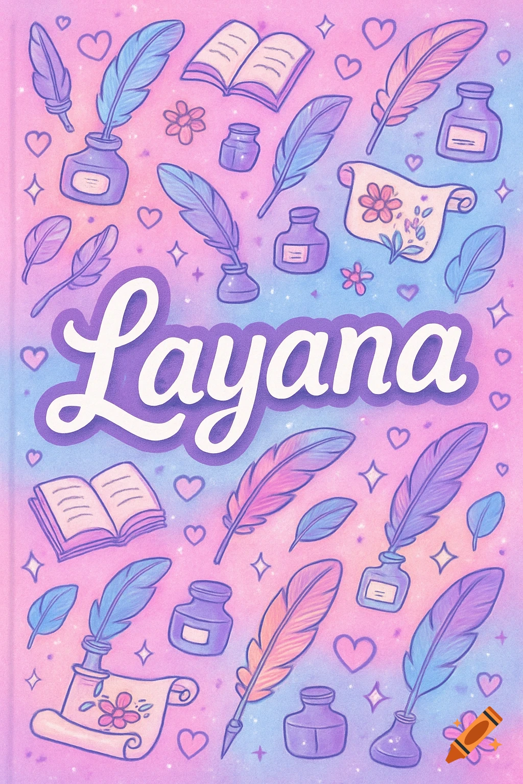 A cute pastel illustration of quills, ink bottles, books, and scrolls, with the name 'Layana' in the center.