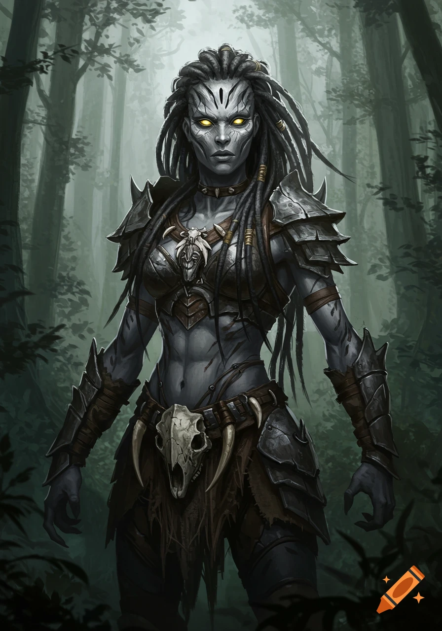 A fierce, grey-skinned alien huntress with glowing yellow eyes and dreadlocks stands in a forest, wearing bone and scrap armor. Digital art.