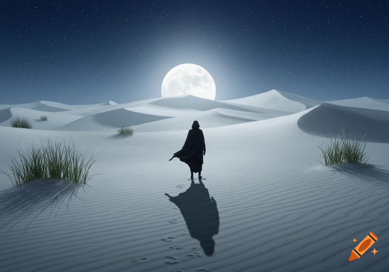 A silhouetted figure in a hooded cloak stands in a vast, moonlit desert with sand dunes and sparse grass under a starry night sky.