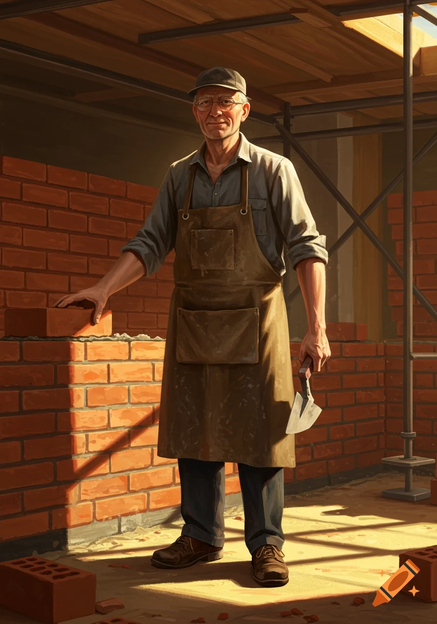 An old mason in an apron and cap stands by a brick wall under construction, holding a trowel, in a digital painting.