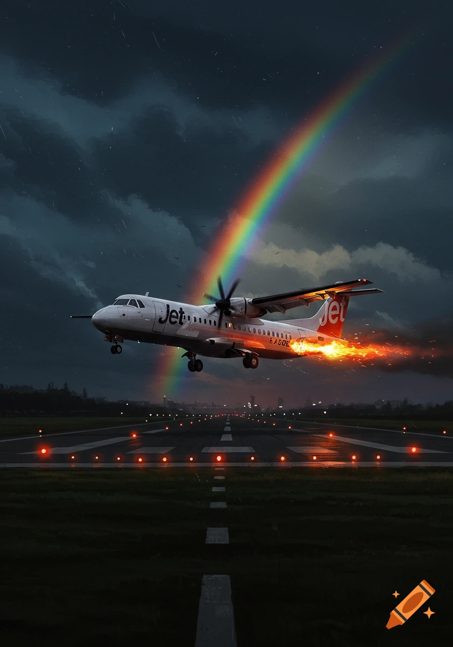 An airplane with a burning engine takes off from a runway at night, with a vibrant rainbow in the stormy sky behind it.