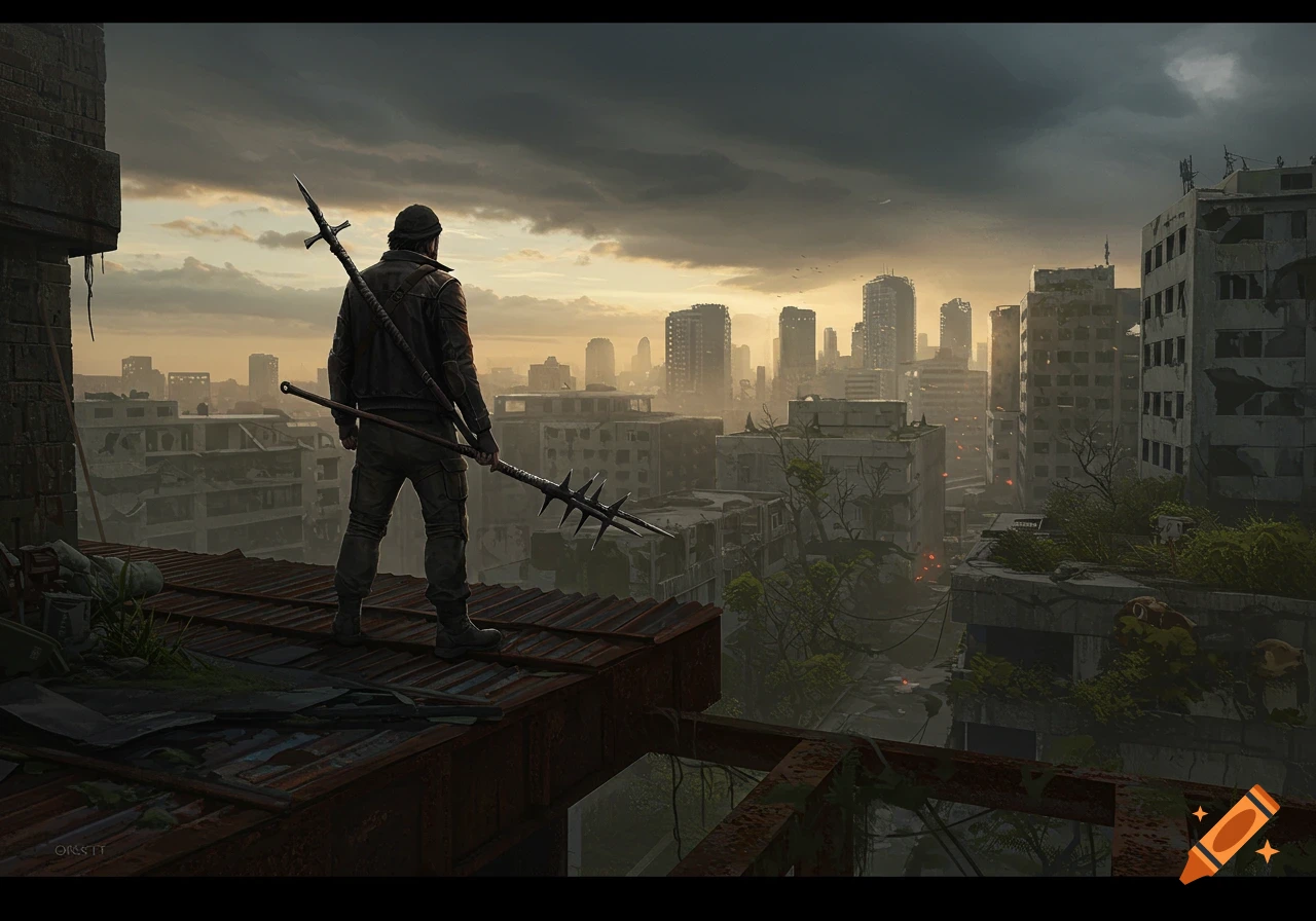 A lone survivor stands on a rooftop in a ruined city at sunset, holding a spiked spear, in a post-apocalyptic, photorealistic style.