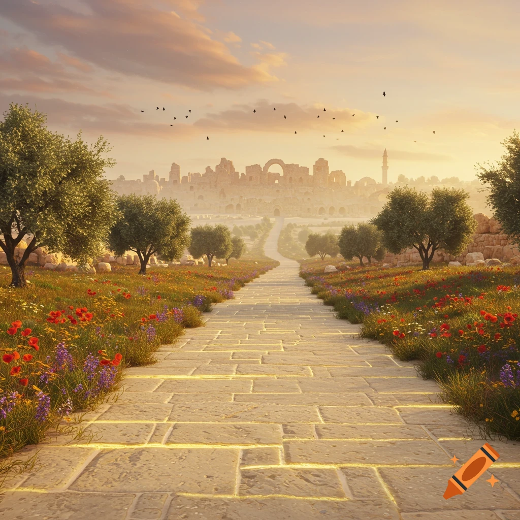 A stone path winds through fields of wildflowers and olive trees towards ancient city ruins under a golden sunrise sky with birds.