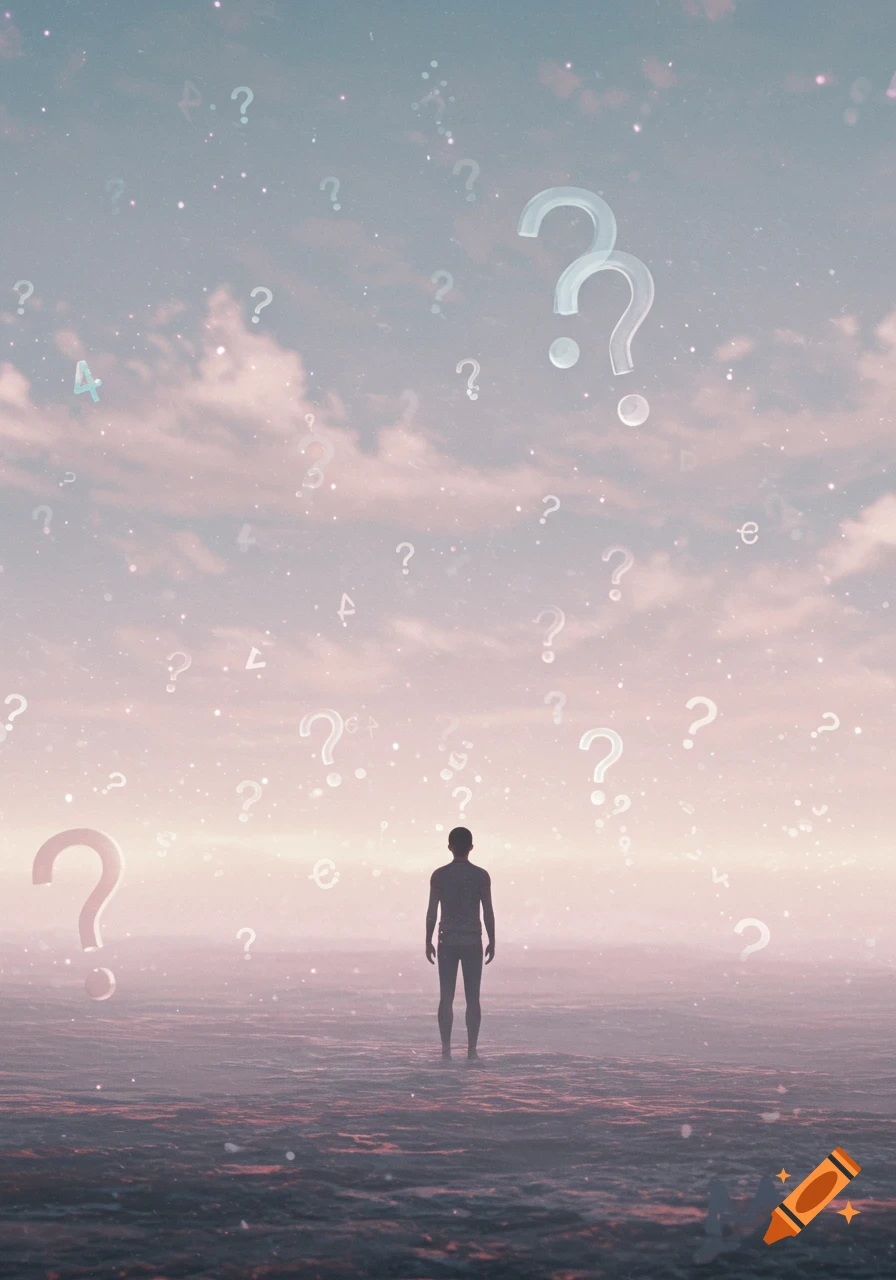 A lone, silhouetted figure stands in a vast, hazy landscape under a sky filled with floating question marks and symbols.