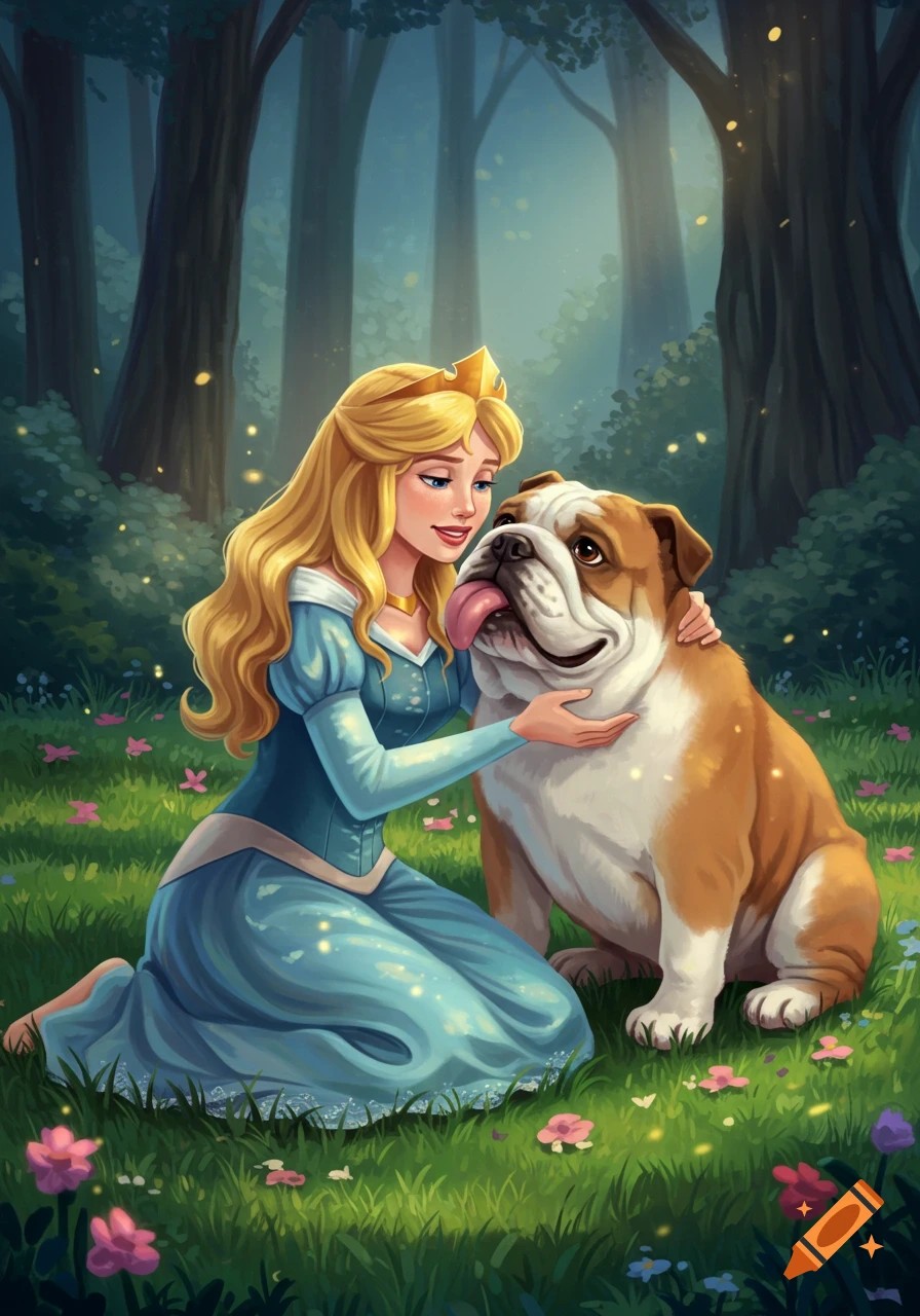 Cartoon illustration of Princess Aurora hugging a bulldog in a magical forest with glowing lights and flowers.