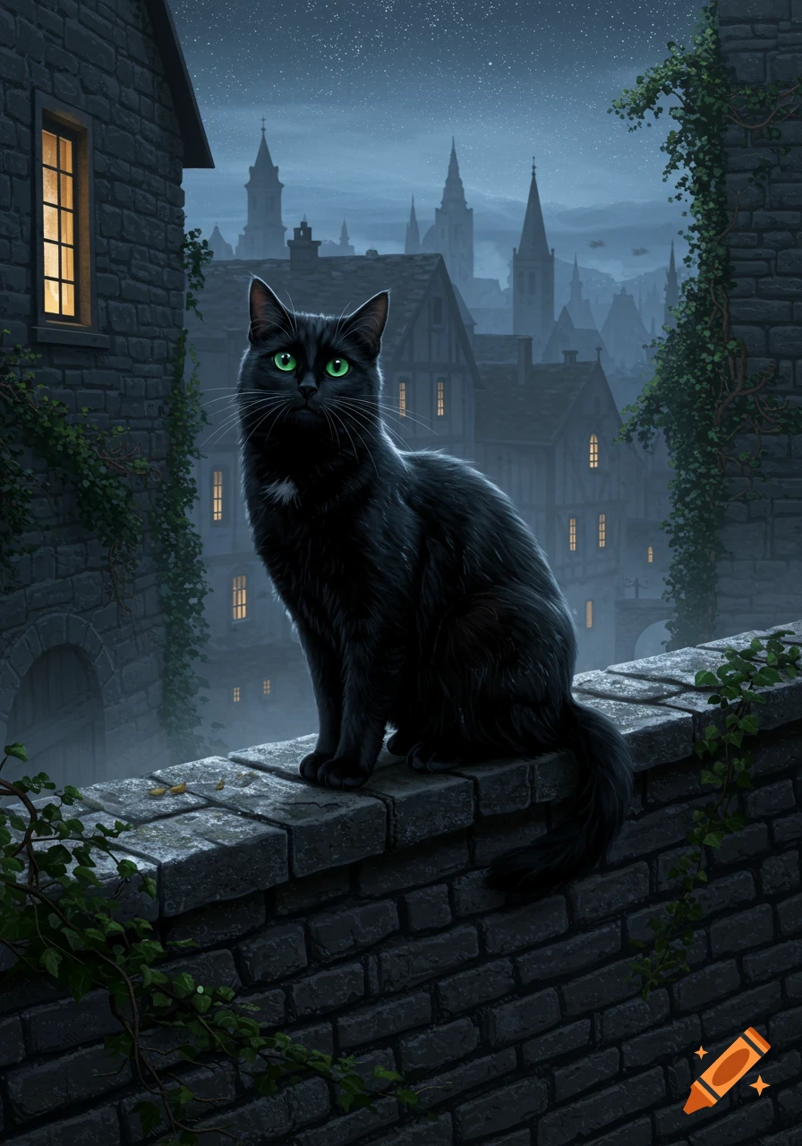 A black cat with bright green eyes sits on a stone wall overlooking a medieval town at night under a starry sky.