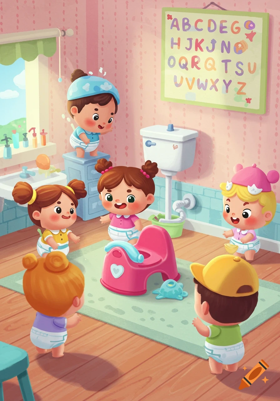 Cute cartoon toddlers in diapers around a pink potty chair in a brightly lit bathroom with an alphabet chart on the wall.