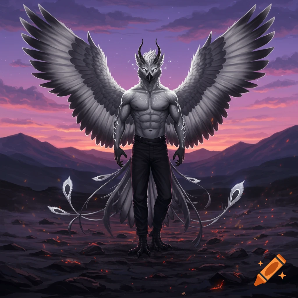 A muscular anthro phoenix male with grey and white feathers, horns, and black pants, stands on a desolate, fiery landscape under a purple and orange sunset.