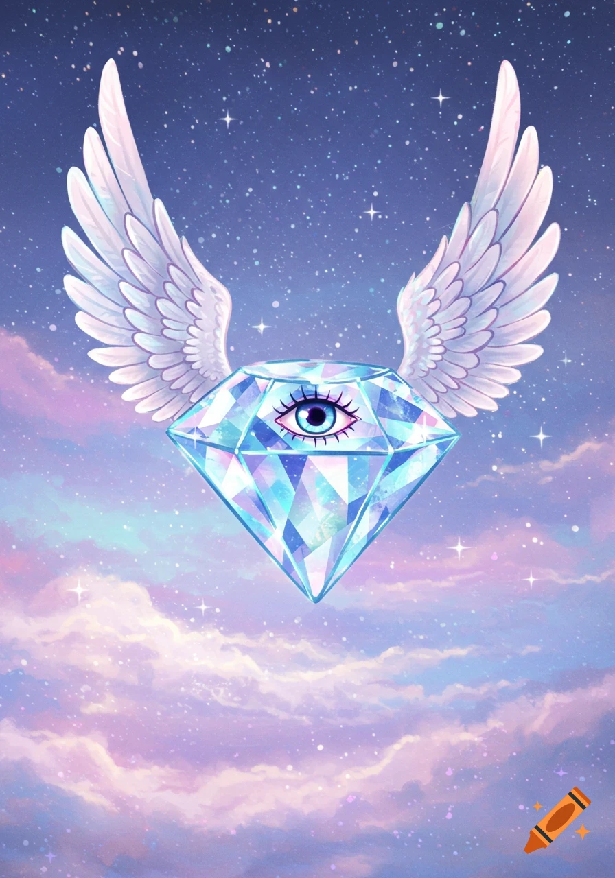 A fantastical illustration of a winged diamond with a single eye, floating in a cosmic sky with stars and pastel clouds.