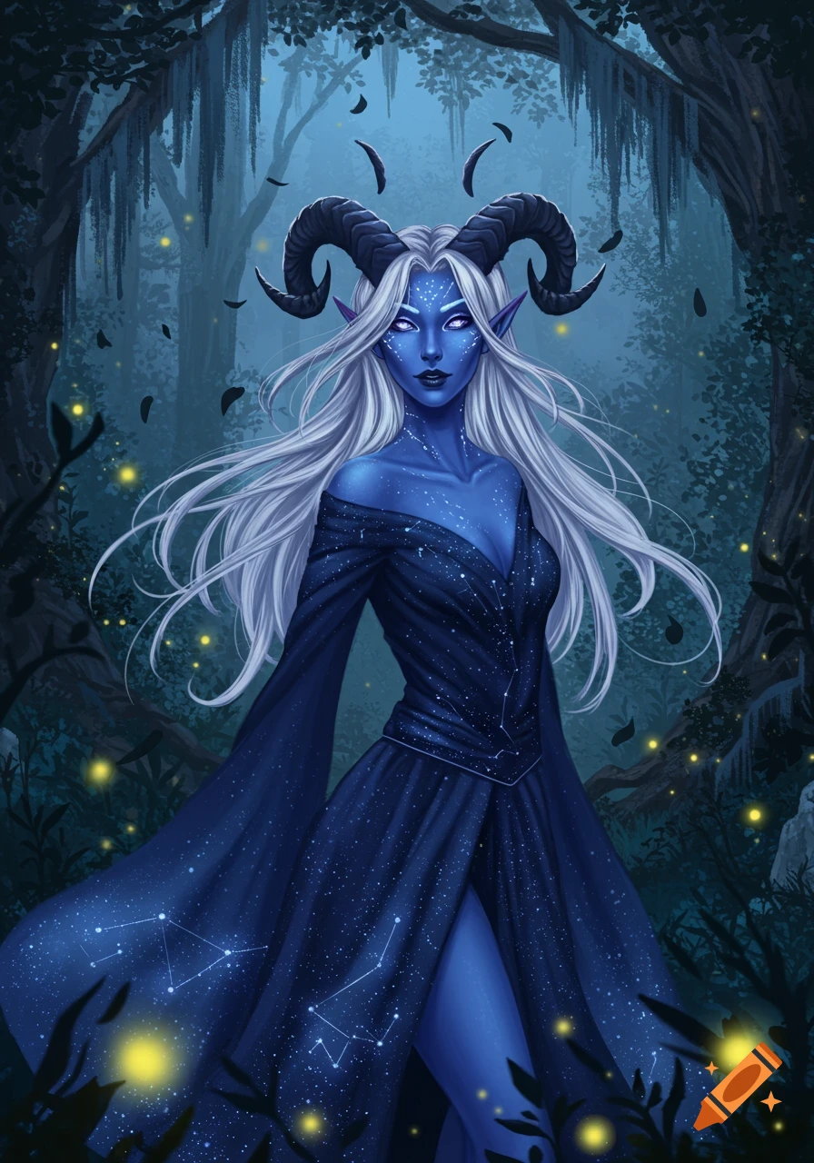 A blue-skinned female tiefling with horns and long white hair wears a dark blue dress adorned with constellations, standing in a magical, dark forest.