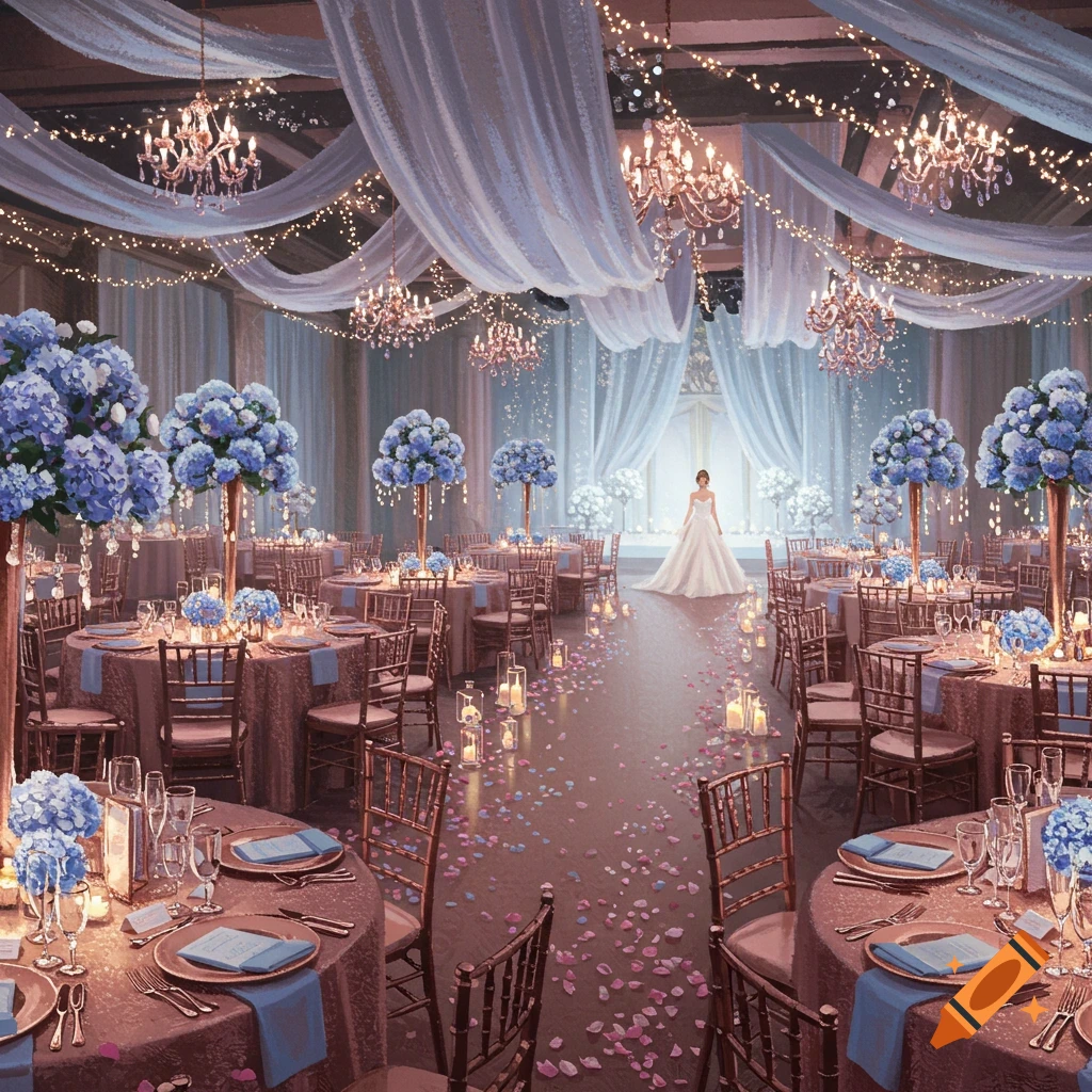 Lavish wedding reception hall with rose gold tables, blue hydrangeas, chandeliers, string lights, and a bride in the distance.