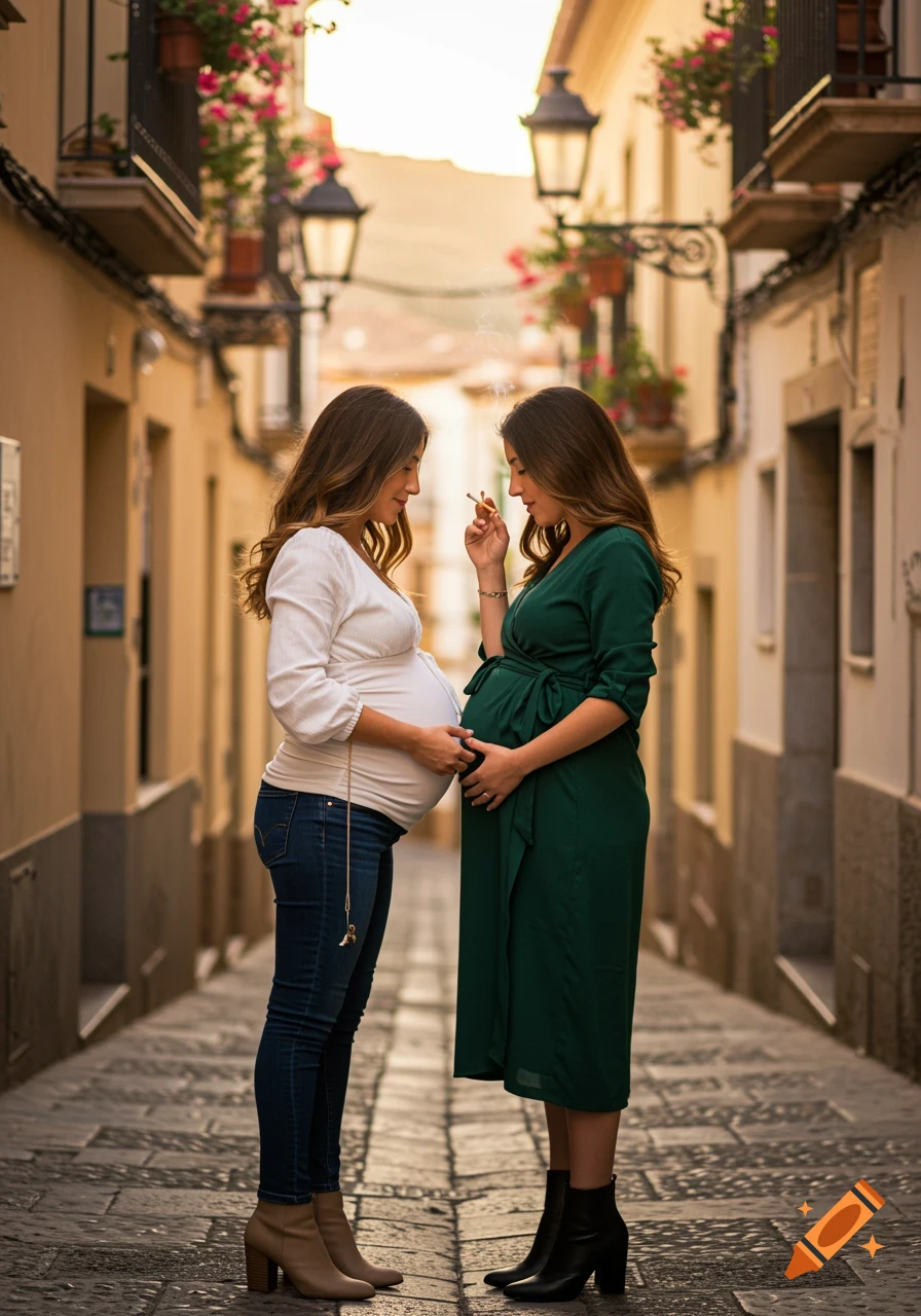 Two pregnant women on a sunlit Spanish street, one smoking, the other with a cigarette, hands resting on their baby bumps. Photorealistic.