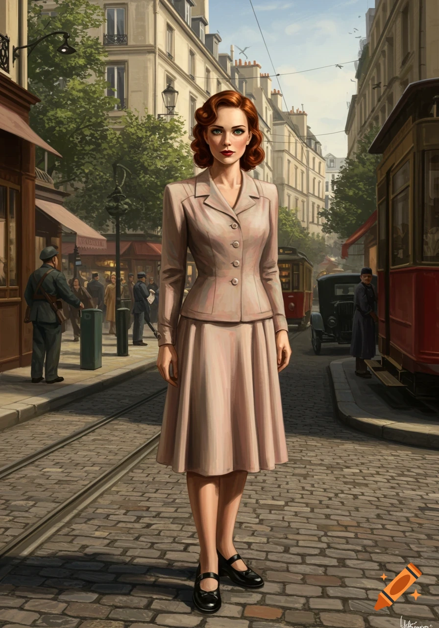 A red-haired woman in a light suit stands on a cobblestone street in 1940s Paris, with buildings and a trolley in the background. Art style.