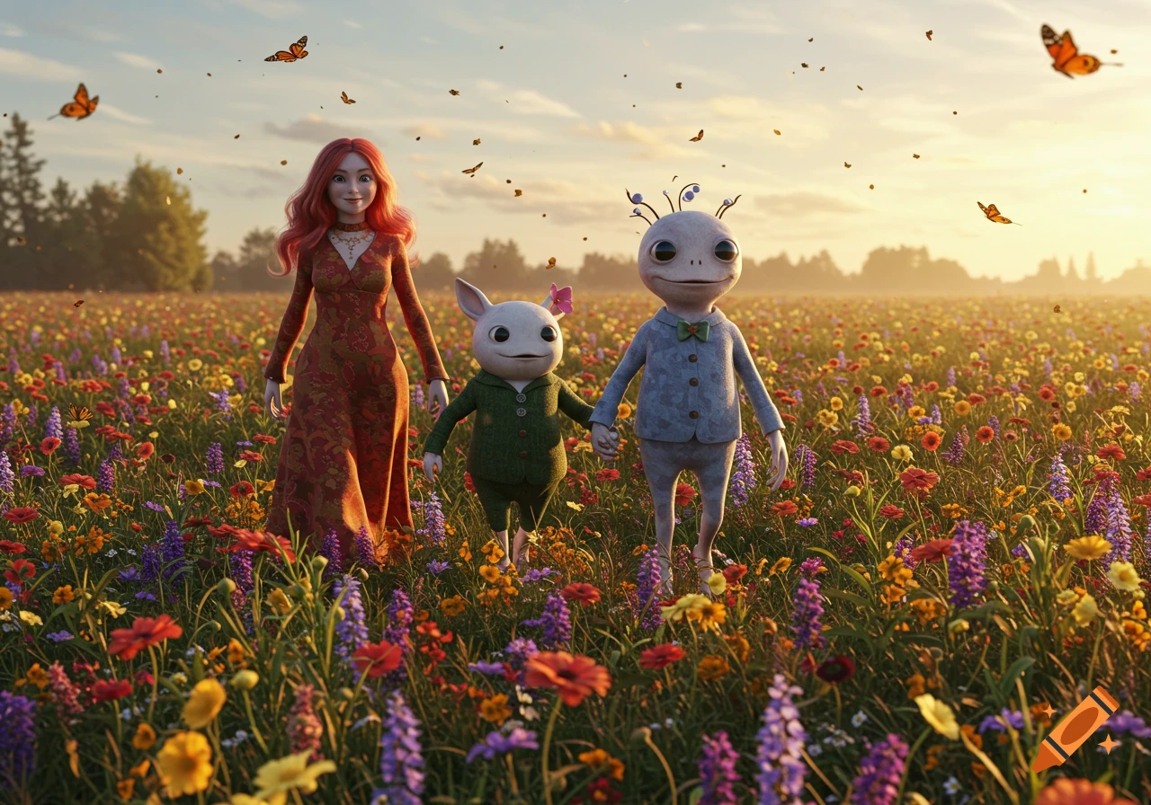 A woman and two cartoonish creatures walk hand-in-hand through a vibrant flower field at sunset, with butterflies. Photorealistic style.