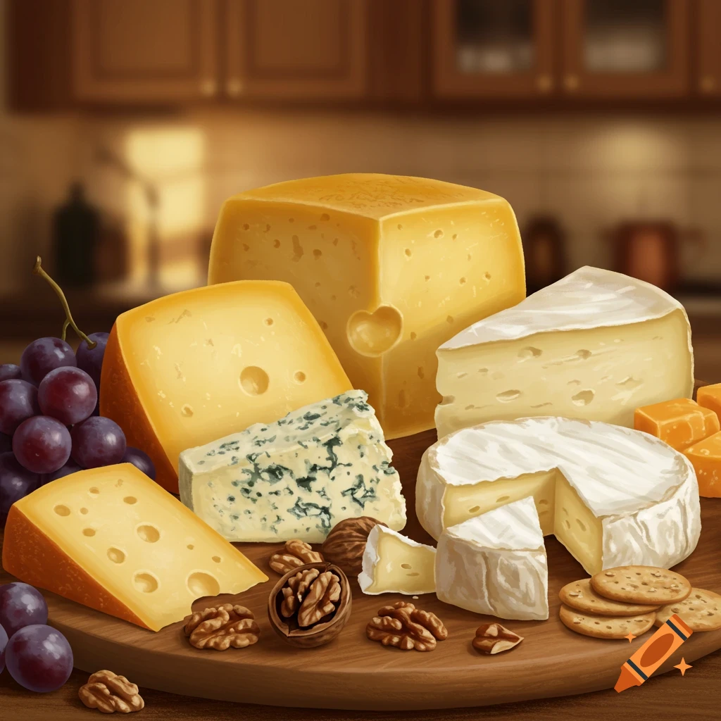 Various cheeses, red grapes, walnuts, and crackers arranged on a wooden board with a blurred kitchen background.