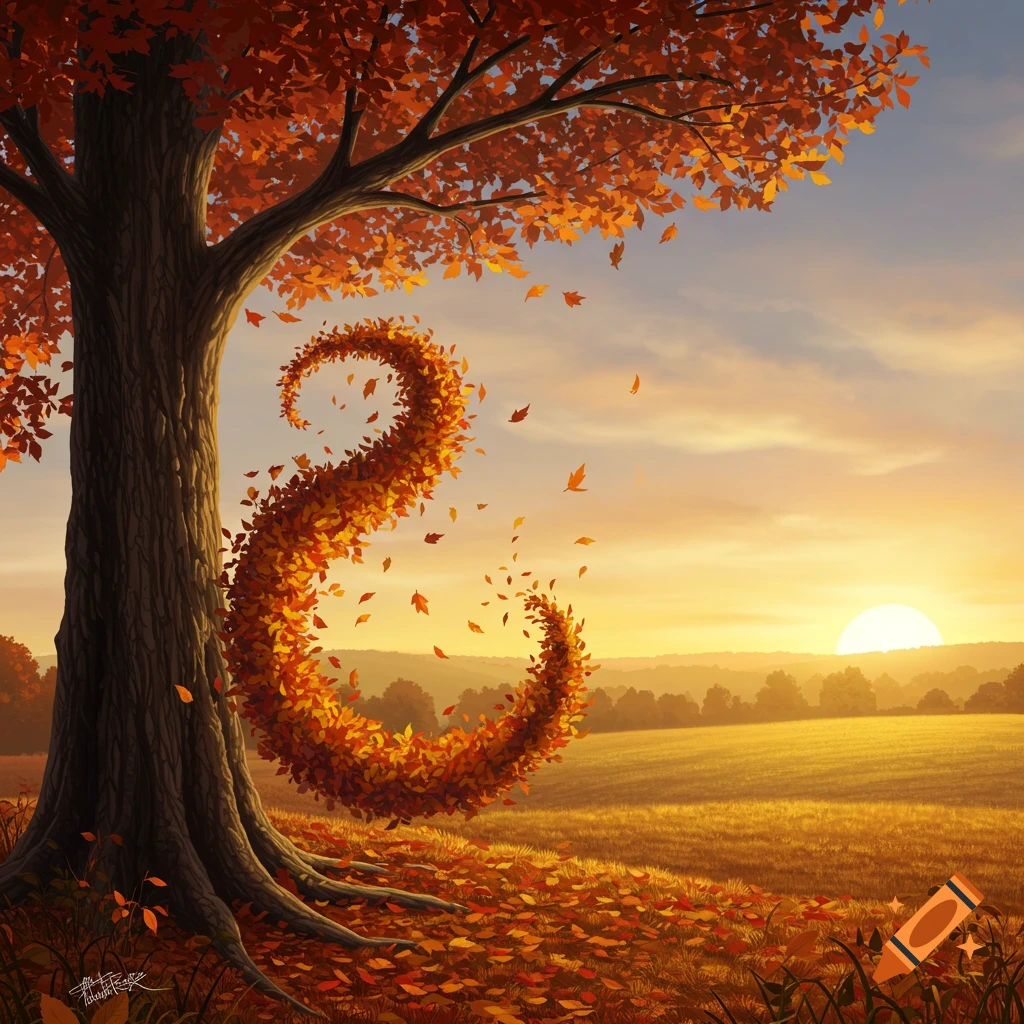 A vibrant autumn scene with a large tree, golden leaves forming a spiral, and a sunset over a field.