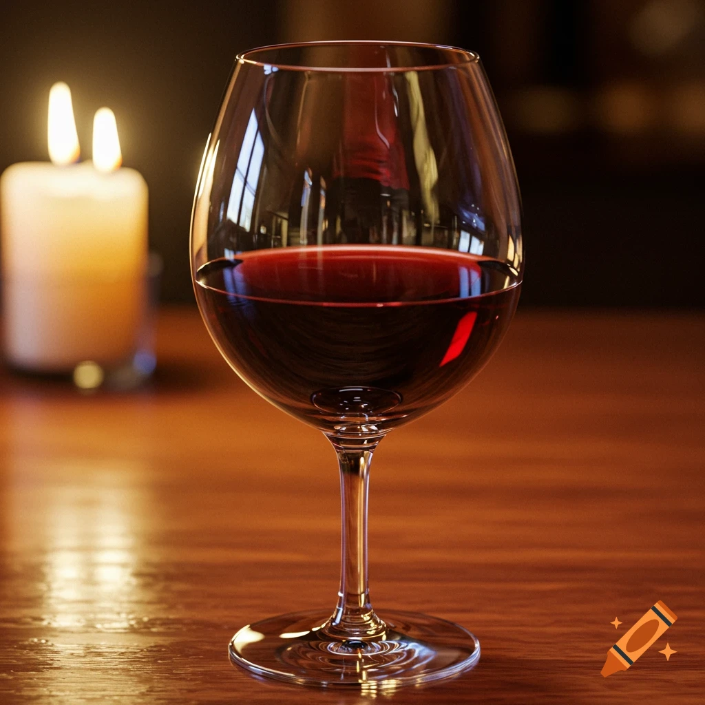 A close-up, photorealistic image of a glass of red wine on a wooden table, with a lit candle in the blurred background.
