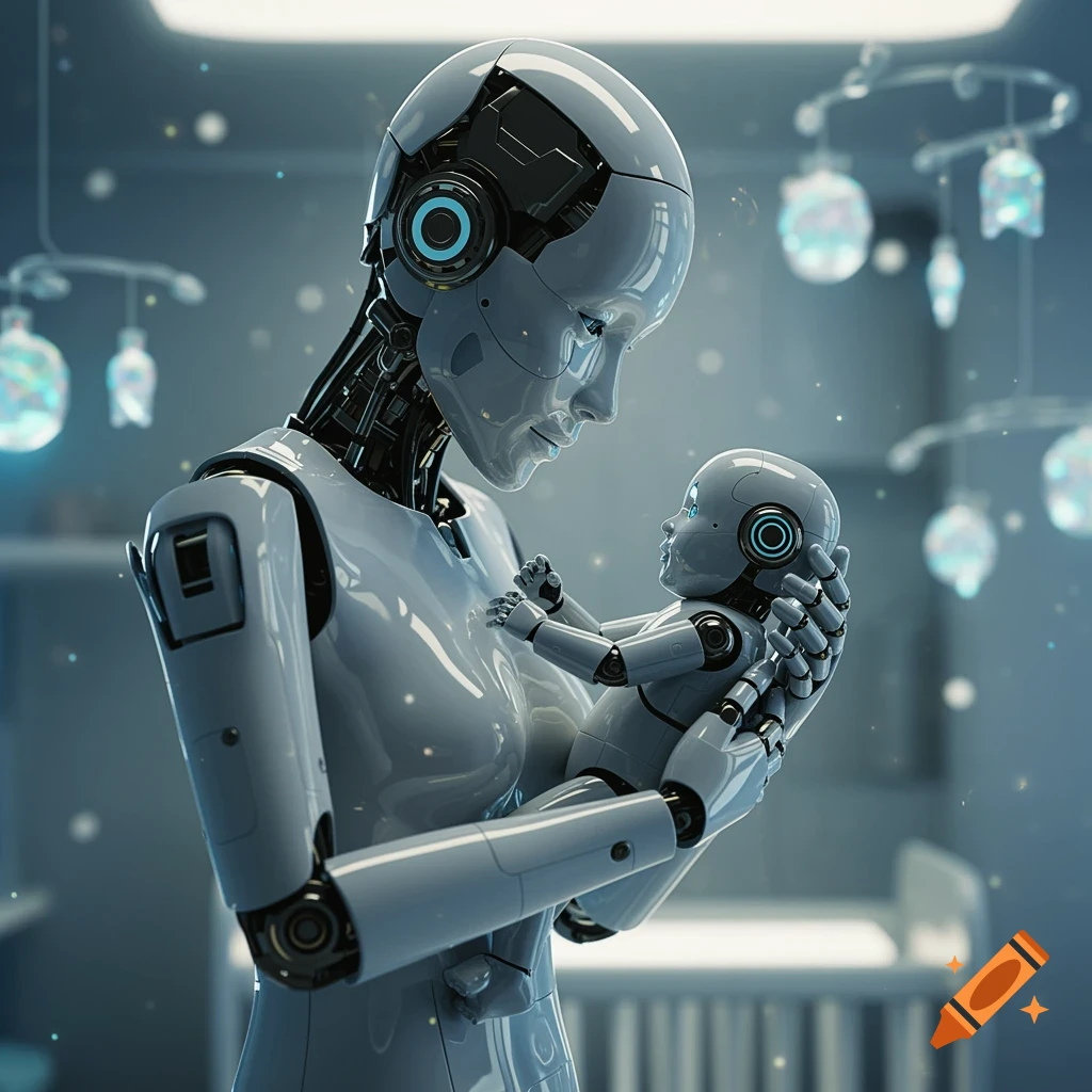 A sleek, grey robot gently holds a smaller baby robot in a futuristic nursery with glowing mobiles, rendered in digital art.