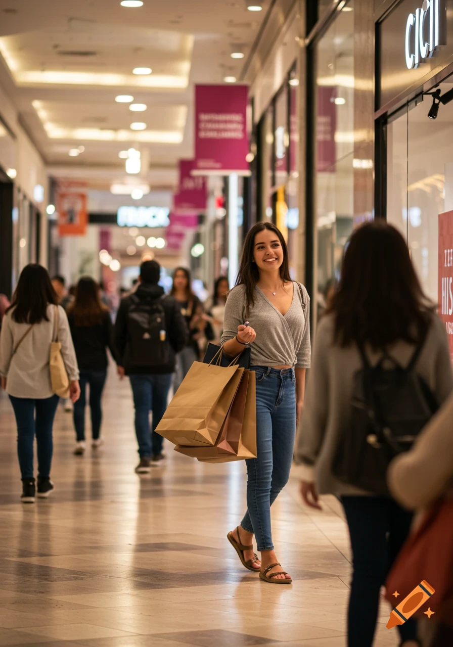 A young woman smiles while walking through a brightly lit shopping mall, carrying brown paper bags.