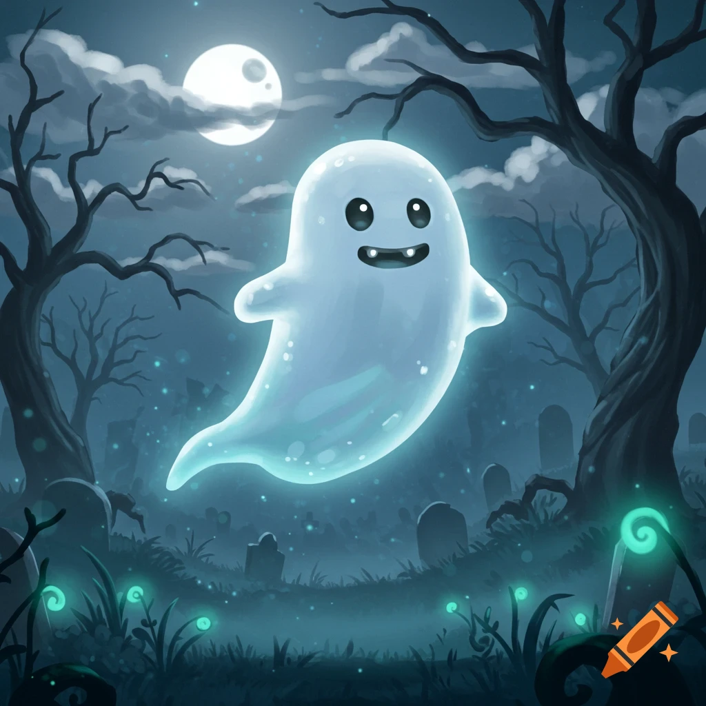Cute cartoon ghost glowing in a moonlit graveyard with spooky trees and glowing plants.