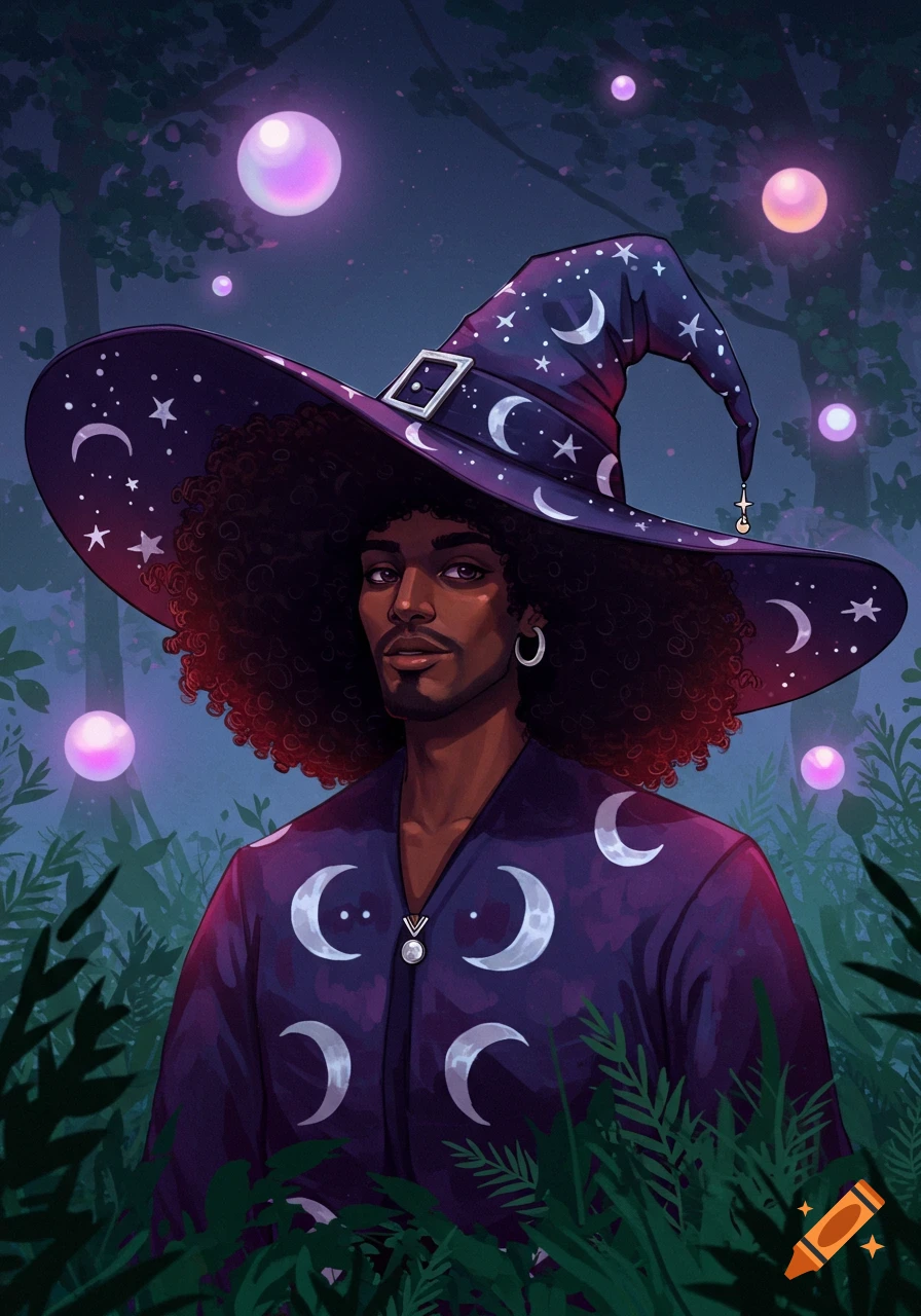 An illustrative portrait of a man with an afro wearing a dark purple witch hat and robe with moon and star patterns, in a magical forest.