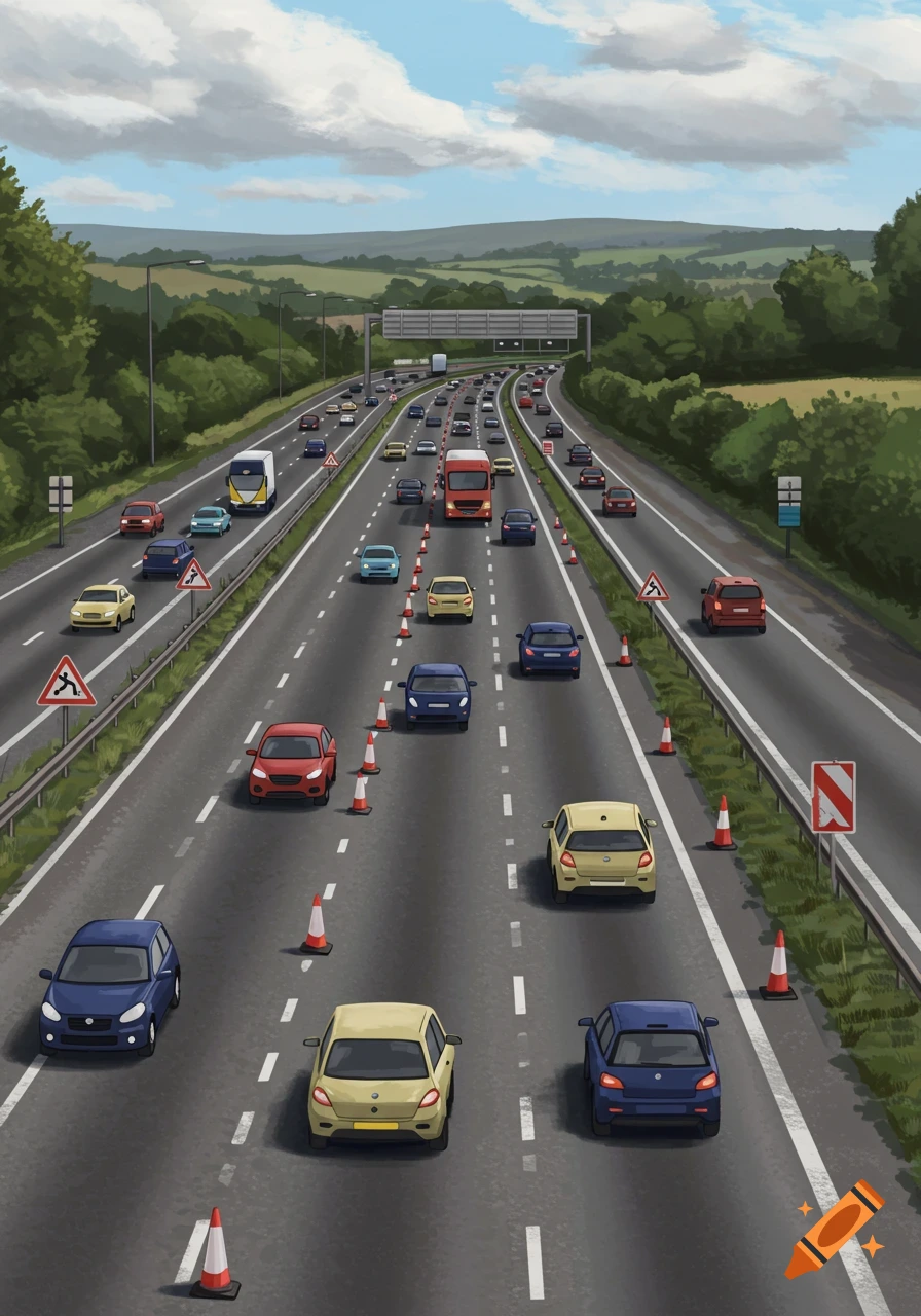 An illustrated overhead view of a busy motorway with cars, traffic cones, and contraflow lanes under a cloudy sky.