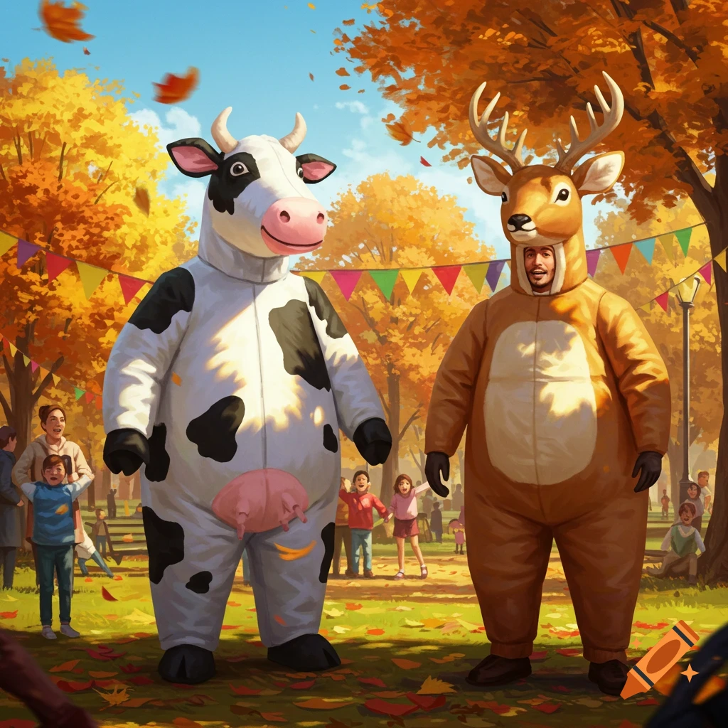 A man in a cow suit and a man in a deer suit stand in an autumn park with colorful banners and falling leaves.