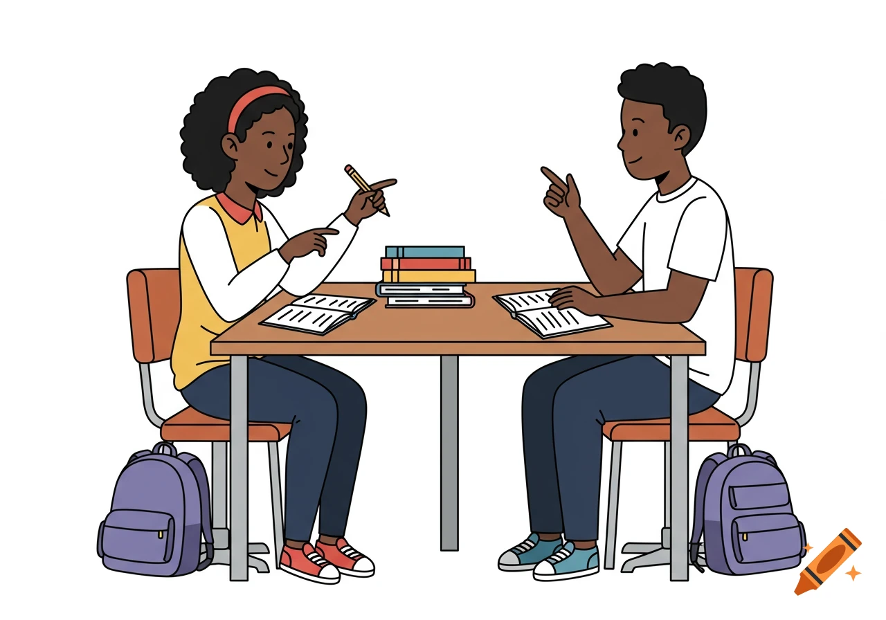 Monoline illustration of two African American high school students, a girl and a boy, tutoring each other at a table with books and backpacks.