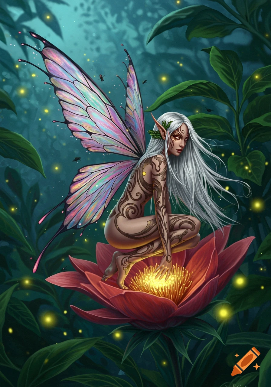 A detailed illustration of a white-haired fairy with colorful wings and tattoos, crouching on a glowing red lotus in an enchanted forest.