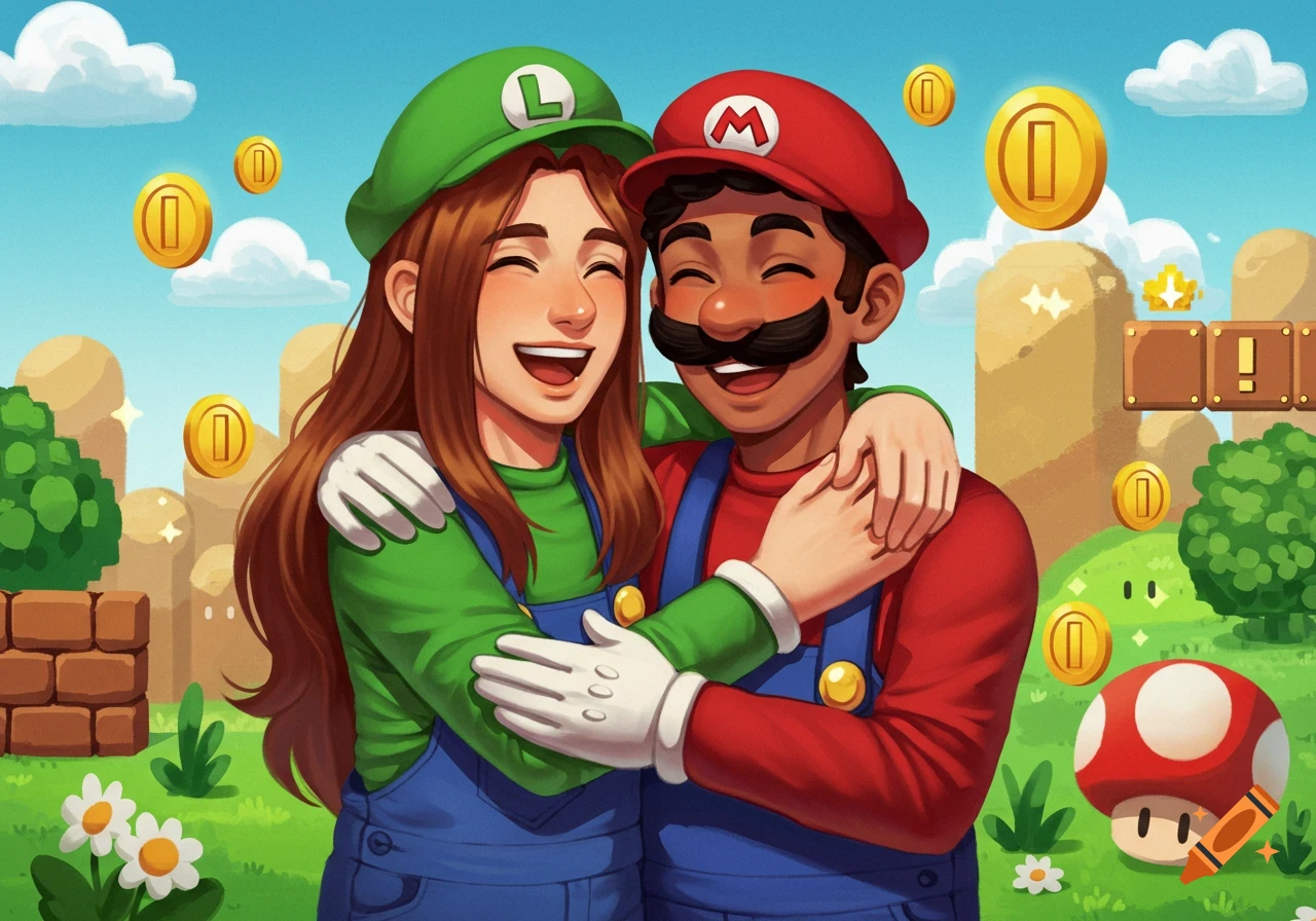Two smiling characters resembling Mario and Luigi hug in a colorful, cartoonish Super Mario-themed landscape with coins and mushrooms.