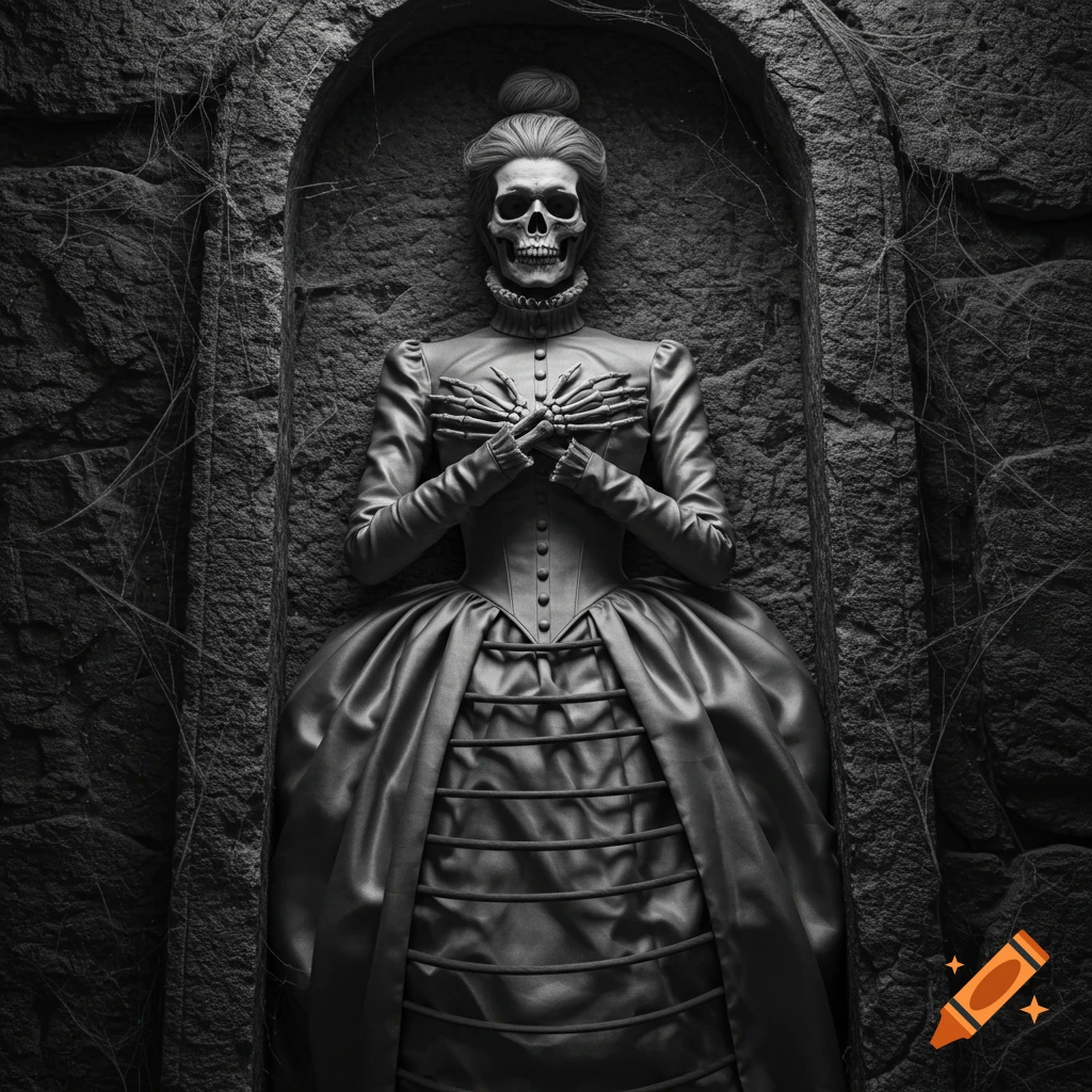 Black and white photorealistic image of a skeleton in a Victorian dress, lying in a stone sarcophagus.