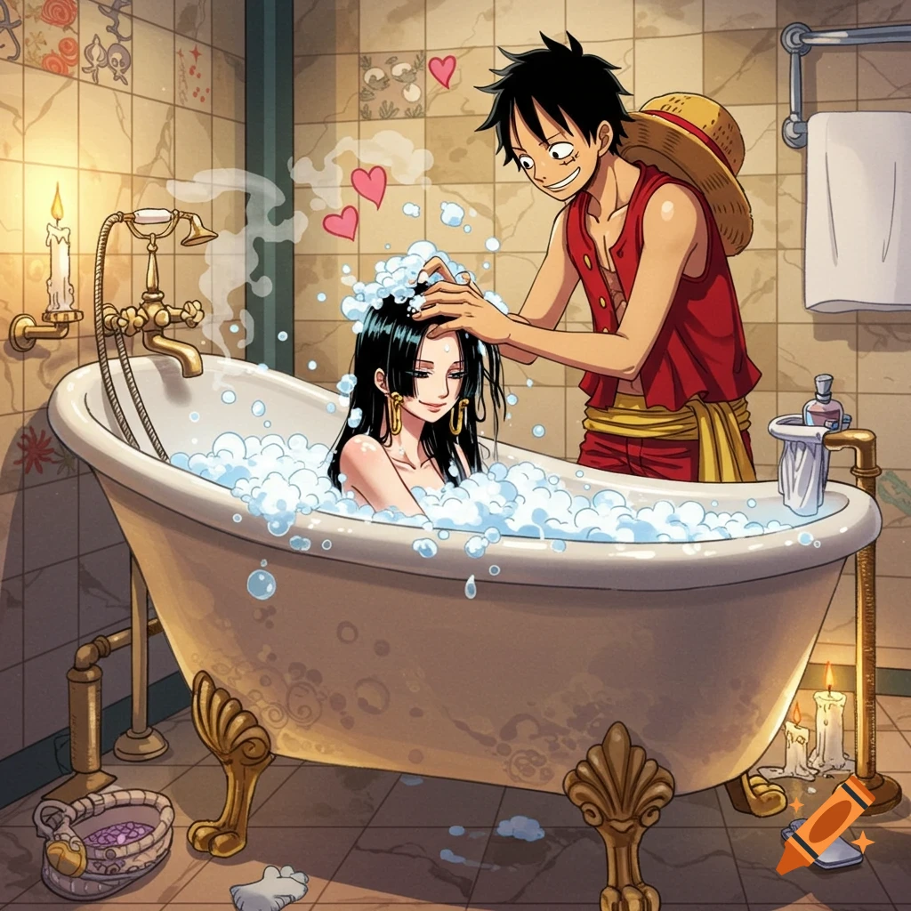 Anime image of Luffy washing Boa Hancock's hair in a bubble bath, with hearts floating above.