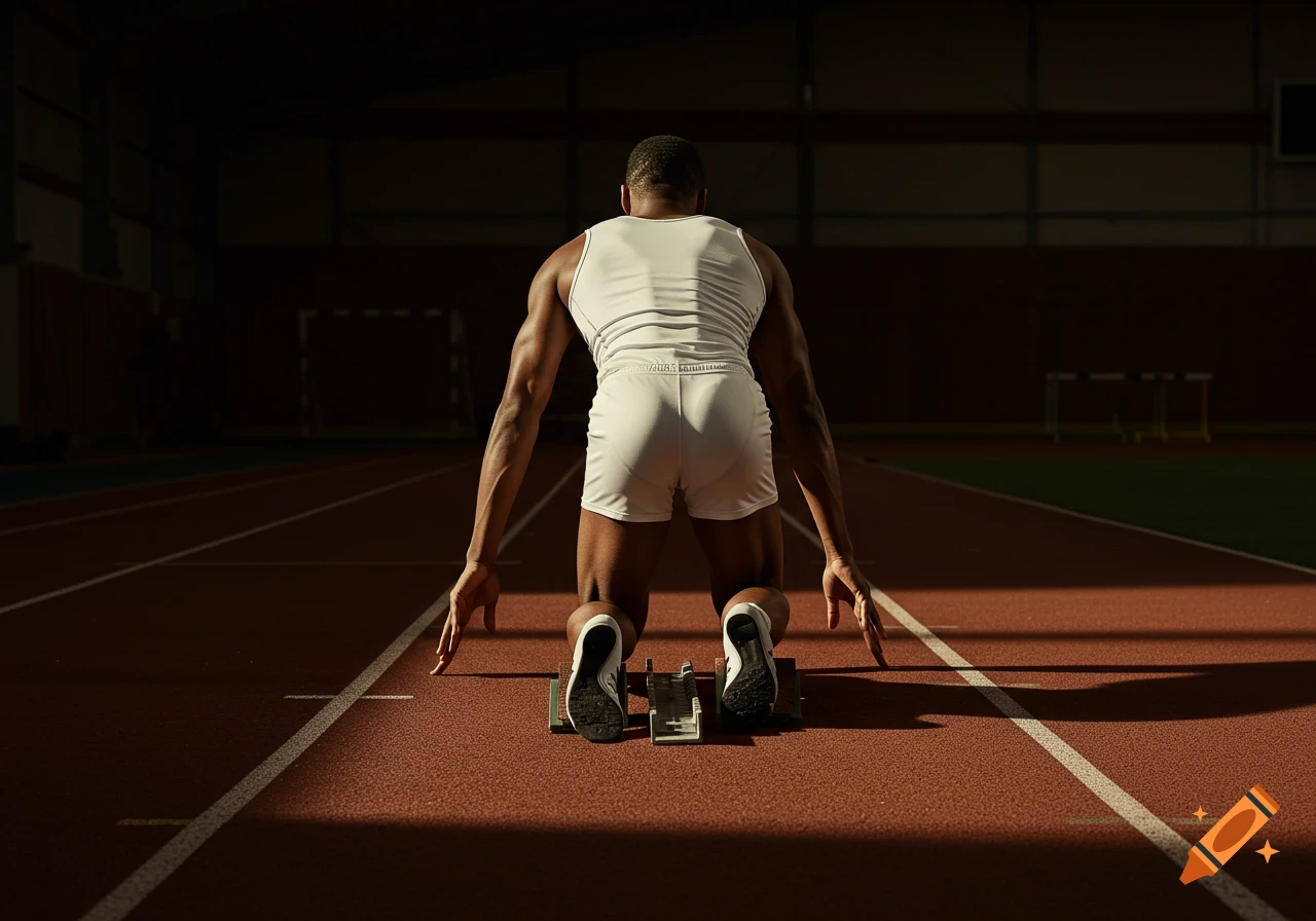 Photorealistic image of a male athlete in starting blocks on a track, viewed from behind, in an indoor arena.