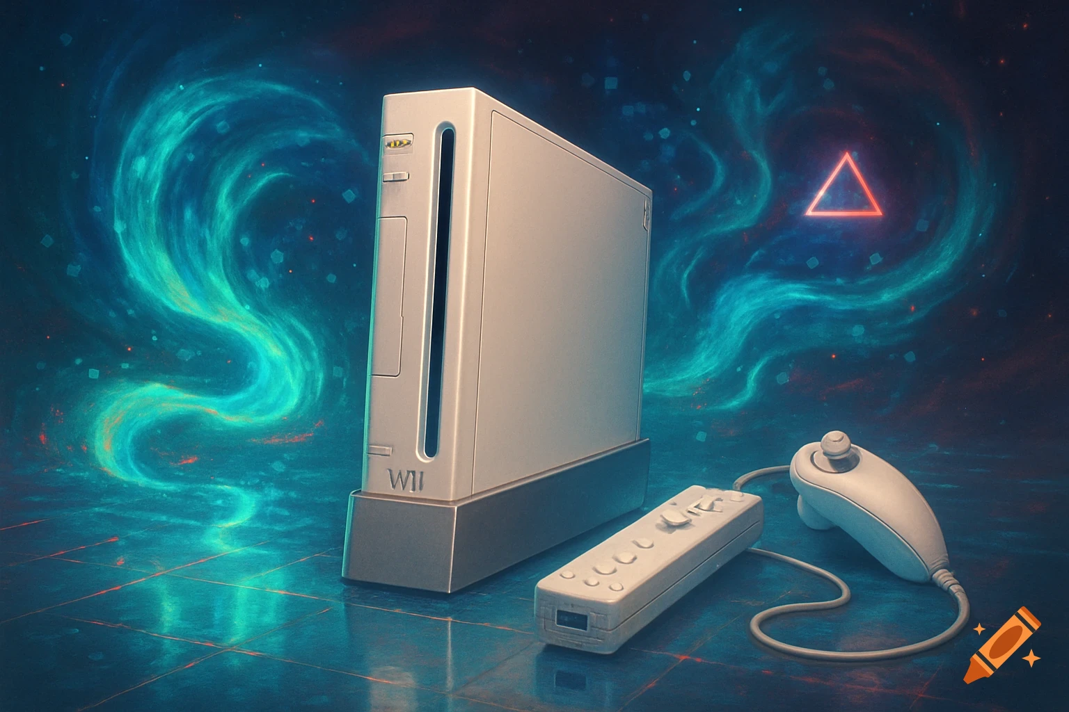 A white Nintendo Wii console with controllers on a reflective surface against a vibrant blue and teal cosmic background.