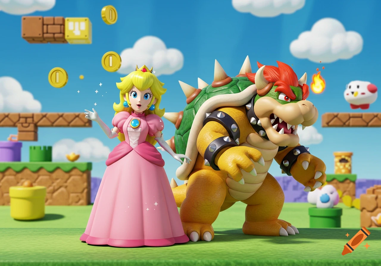 Princess Peach and Bowser in a colorful 3D Super Mario Bros. scene with blocks, coins, and enemies.
