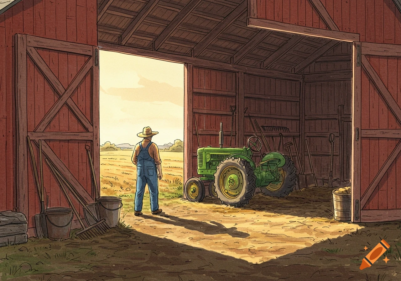 A hand-drawn illustration of a farmer standing inside a rustic red barn, looking out at a green tractor and sunlit fields, in a nostalgic style.