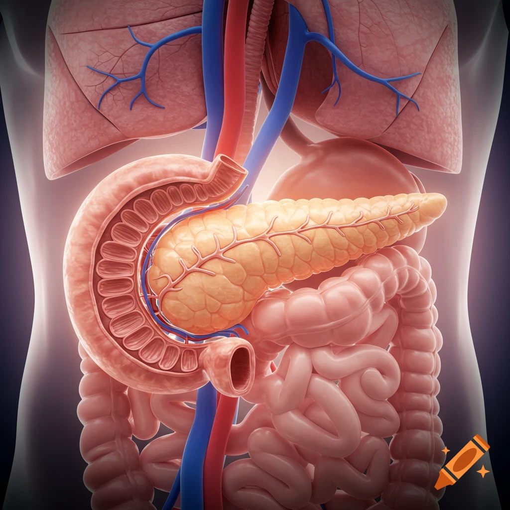 Detailed 3D medical illustration of the human pancreas, duodenum, stomach, and major blood vessels in an anatomical view.