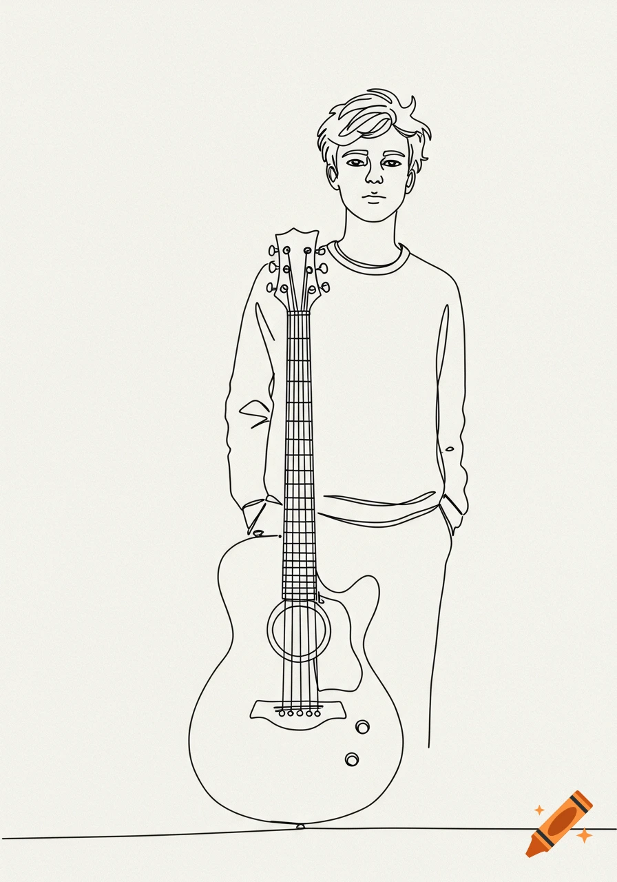Minimalist line art illustration of a young man standing next to an acoustic guitar.