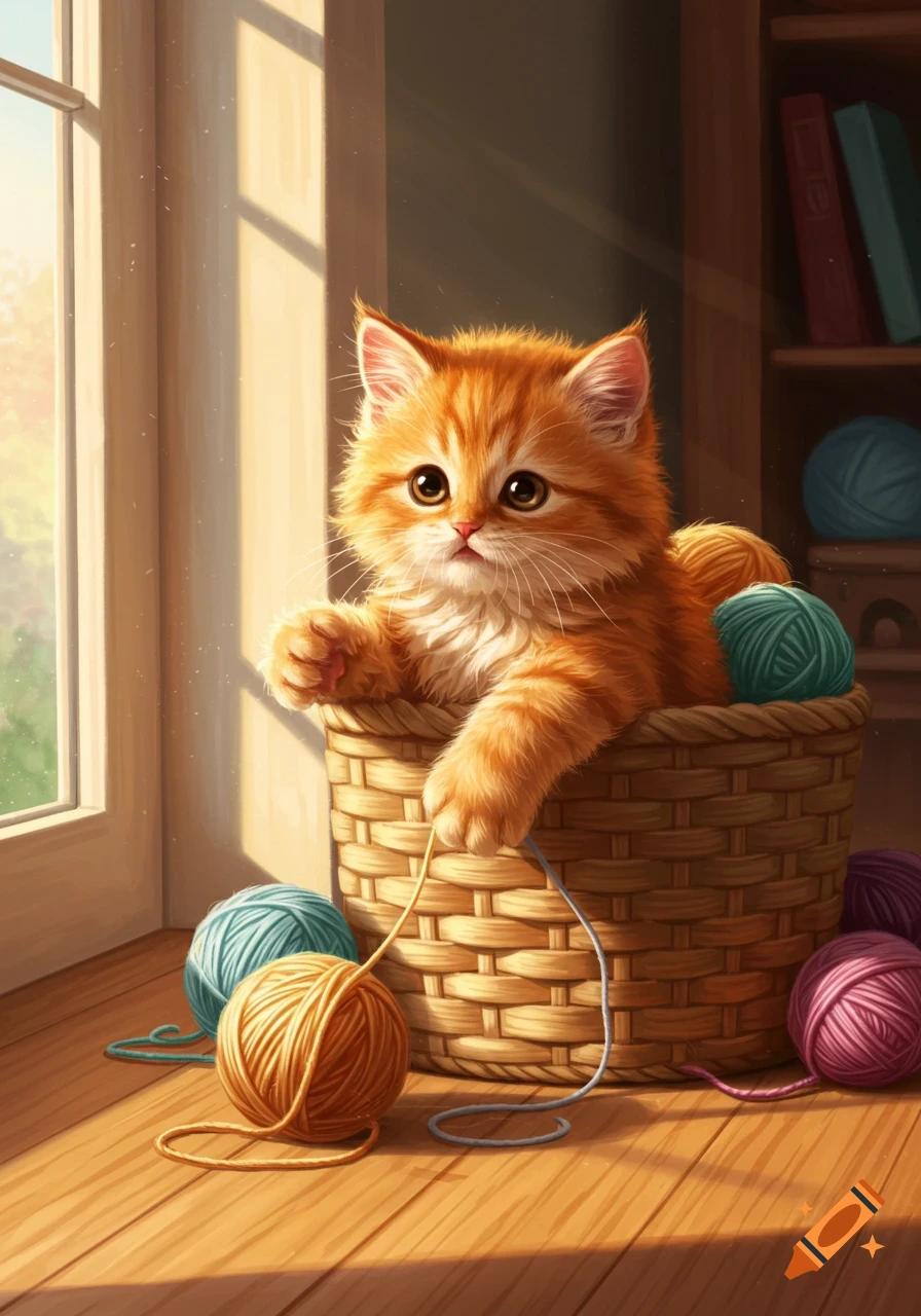 A fluffy orange kitten in a wicker basket plays with colorful yarn balls by a sunny window.