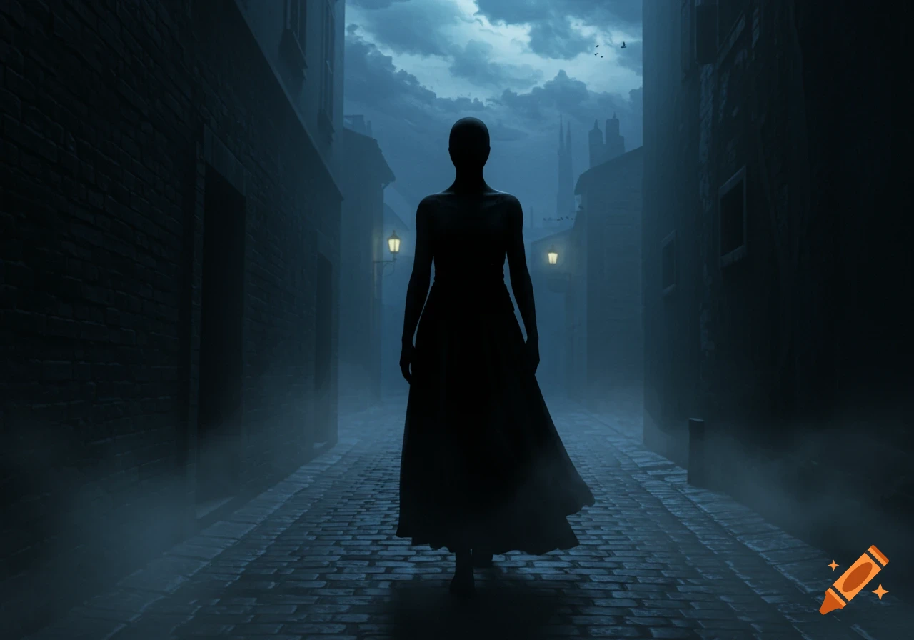 A dark silhouette of a woman in a long dress stands in a foggy, cobblestone alley with dim streetlights.