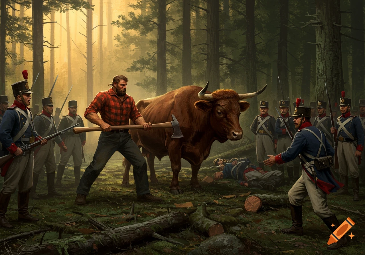 A muscular lumberjack with an axe and a large ox confront armed soldiers in a sunlit forest, with one soldier on the ground, in an old painting style.