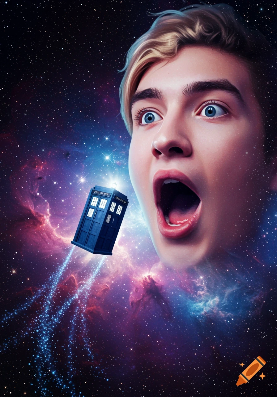 A person with blonde hair and blue eyes looks surprised as a blue Tardis flies from their open mouth, sparkling in a starry nebula space background, surreal style.