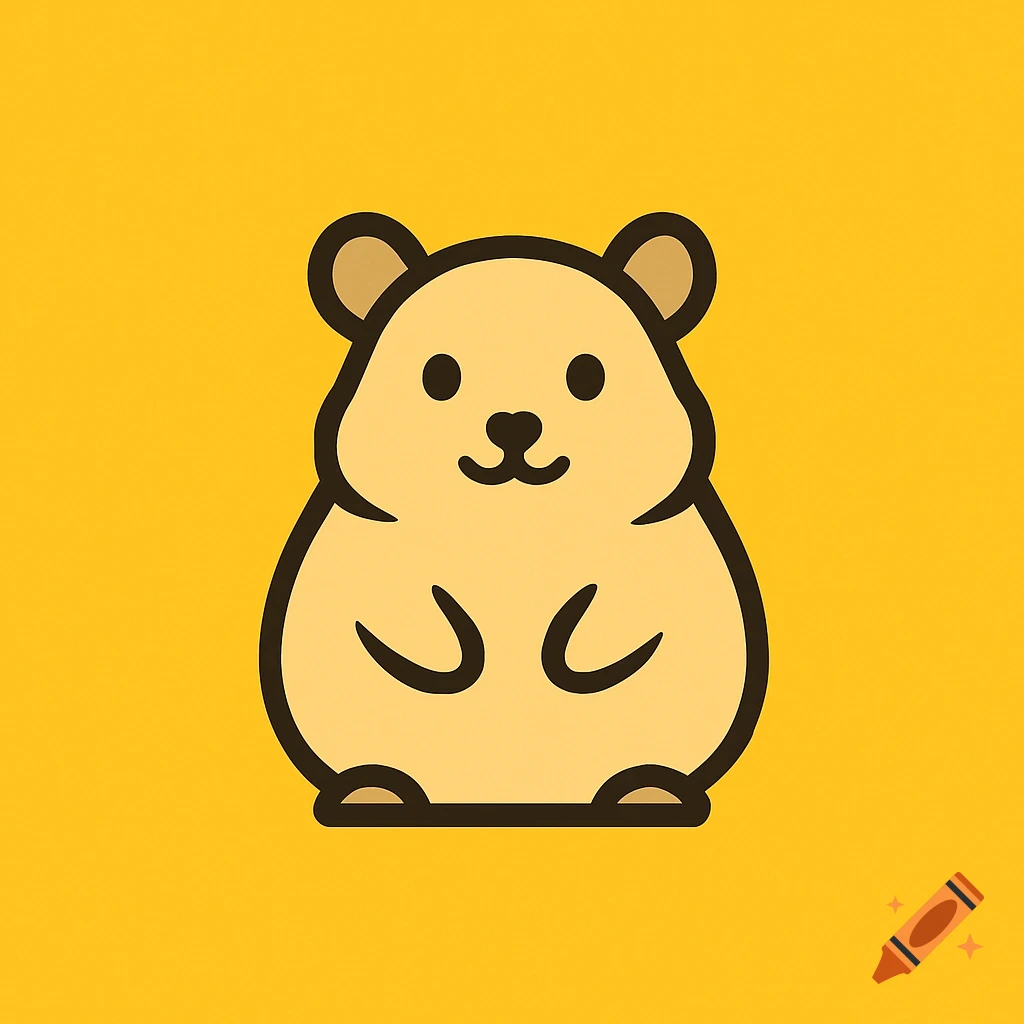 A cute beige hamster cartoon logo with a brown outline on a bright yellow background.