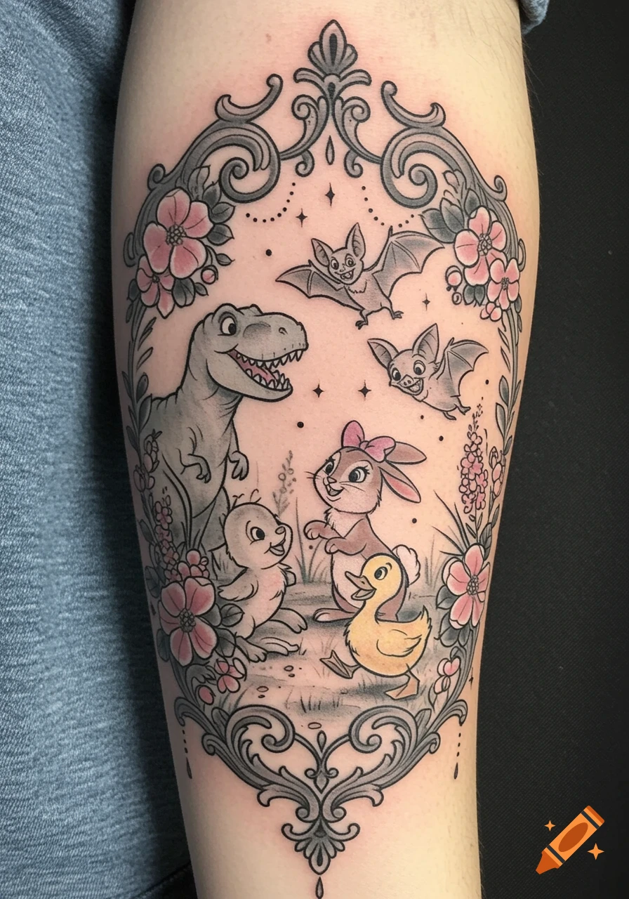 A colorful Disney-inspired tattoo on an arm showing a T-Rex, bunny, duckling, and two bats within a gothic floral frame.