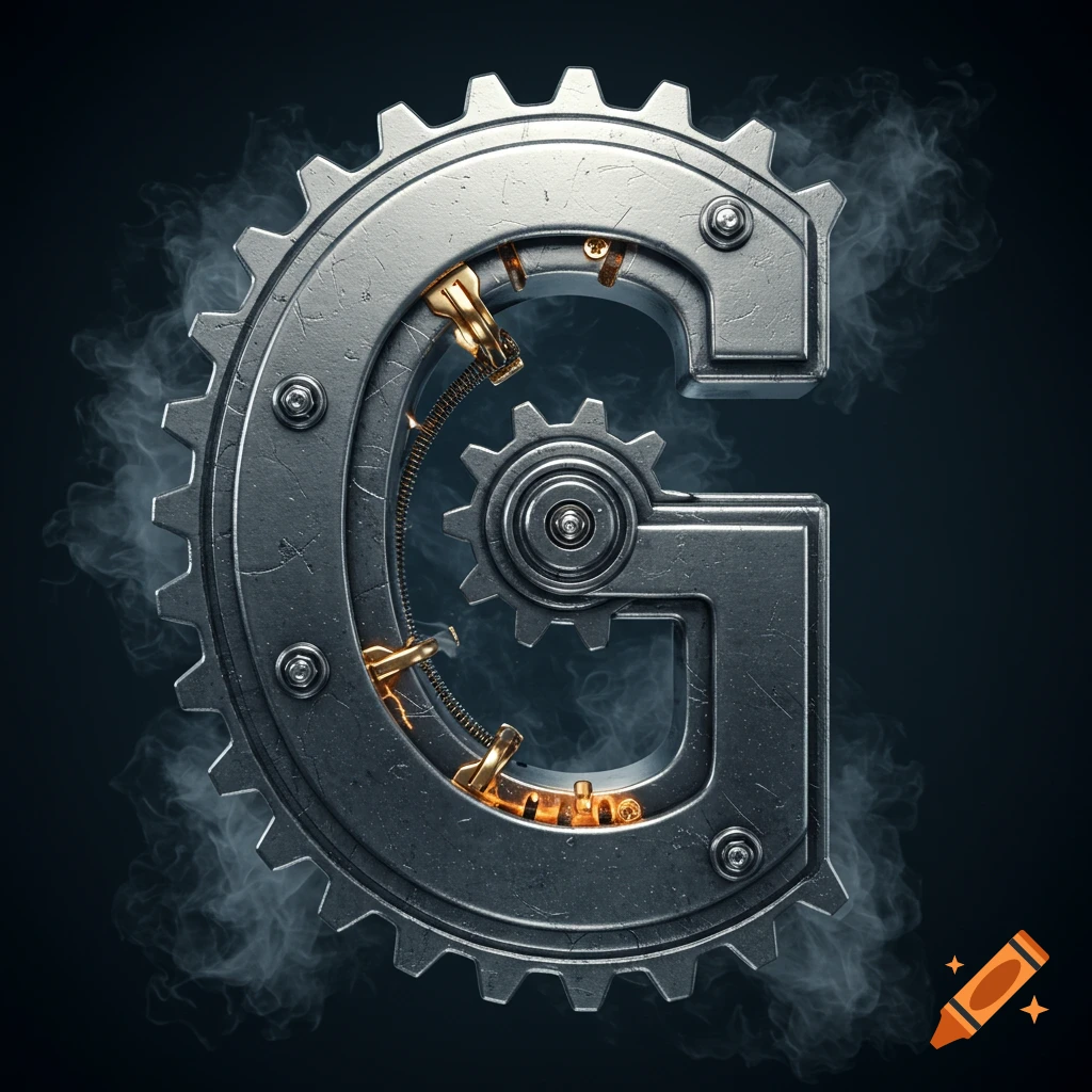 A metallic gear intricately designed in the shape of the letter G, with smaller gears and golden accents, enveloped in wisps of smoke against a dark background, in a steampunk style.